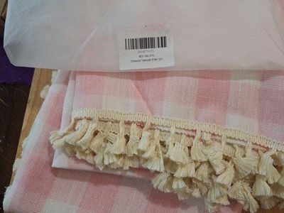 NALVXIN Pink Checkered Cotton-Linen Tasseled Tablecloth, 120 inch