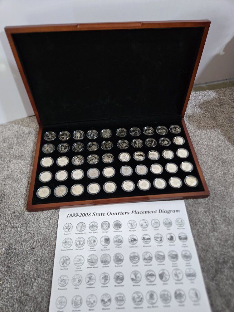 1999-2008 State Quarters Collection in Display Case with Placement Diagram