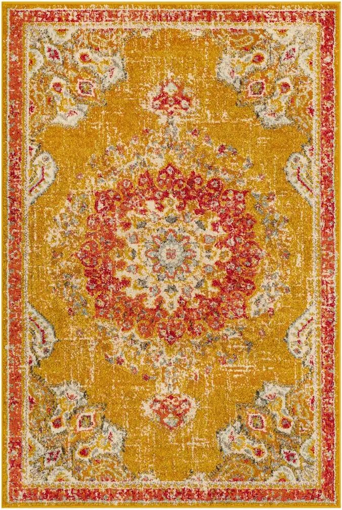 4’x 6’ Yellow & Red Bohemian Medallion Area Rug - Vibrant Distressed Look