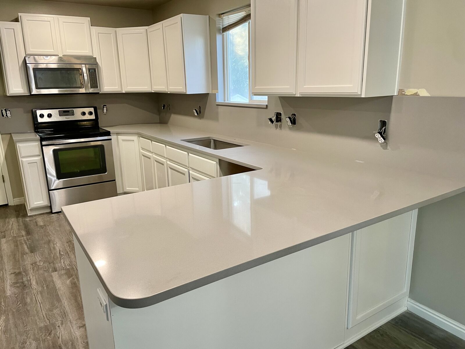 Warm Taupe Quartz, 3cm, (130x65) Single Slab,  Granite Marble Quartz Quartzite Counters Countertops on Cabinets