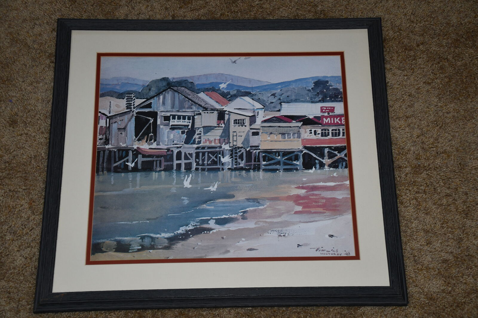 "MONTEREY" BOAT DOCK PICTURE ~ 19" x 21" FRAMED ~ WATERCOLOR PRINT