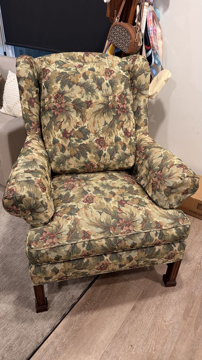 Vintage Floral Tapestry Wingback Armchair with Wooden Legs