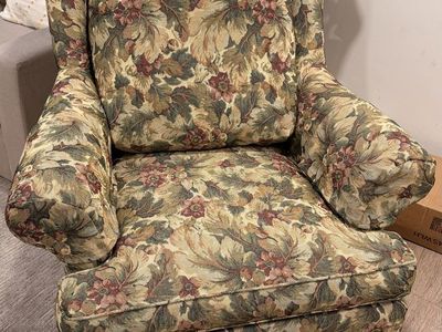 Vintage Floral Tapestry Wingback Armchair with Wooden Legs