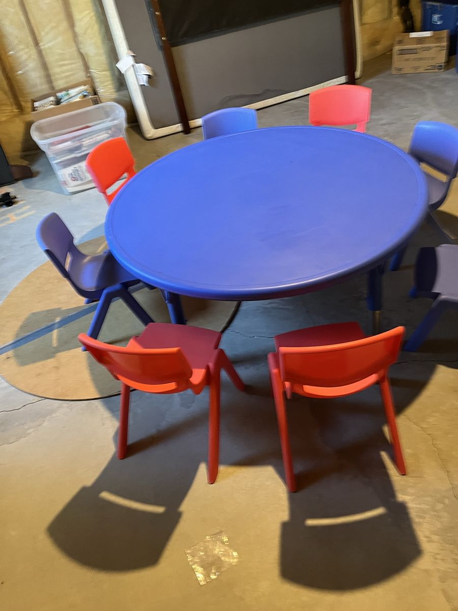 Kids Round Play Table with 8 Chairs - Blue & Red/Purple Children's Furniture Set
