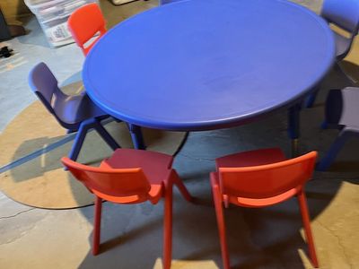Kids Round Play Table with 8 Chairs - Blue & Red/Purple Children's Furniture Set