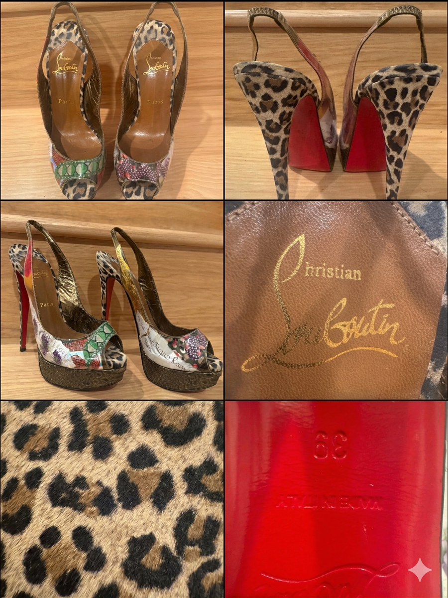 Christian Louboutin Wintertrash 150PVC suede Leopard peeptoe slingbacks/39