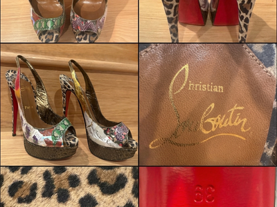 Christian Louboutin Wintertrash 150PVC suede Leopard peeptoe slingbacks/39