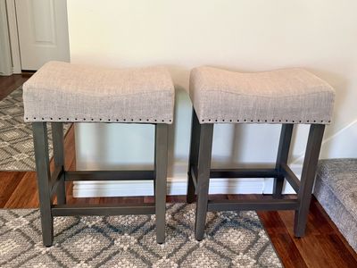 Set of 2 Light Gray Upholstered Bar Stools with Nailhead Trim & Dark Wood Legs