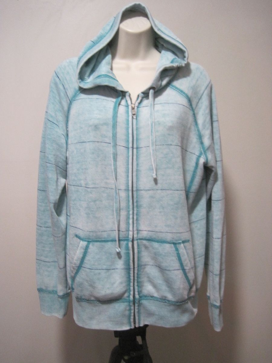 Vintage Nollie Women's Large Zip Up Hooded Striped Faded Turquoise Teal Jacket