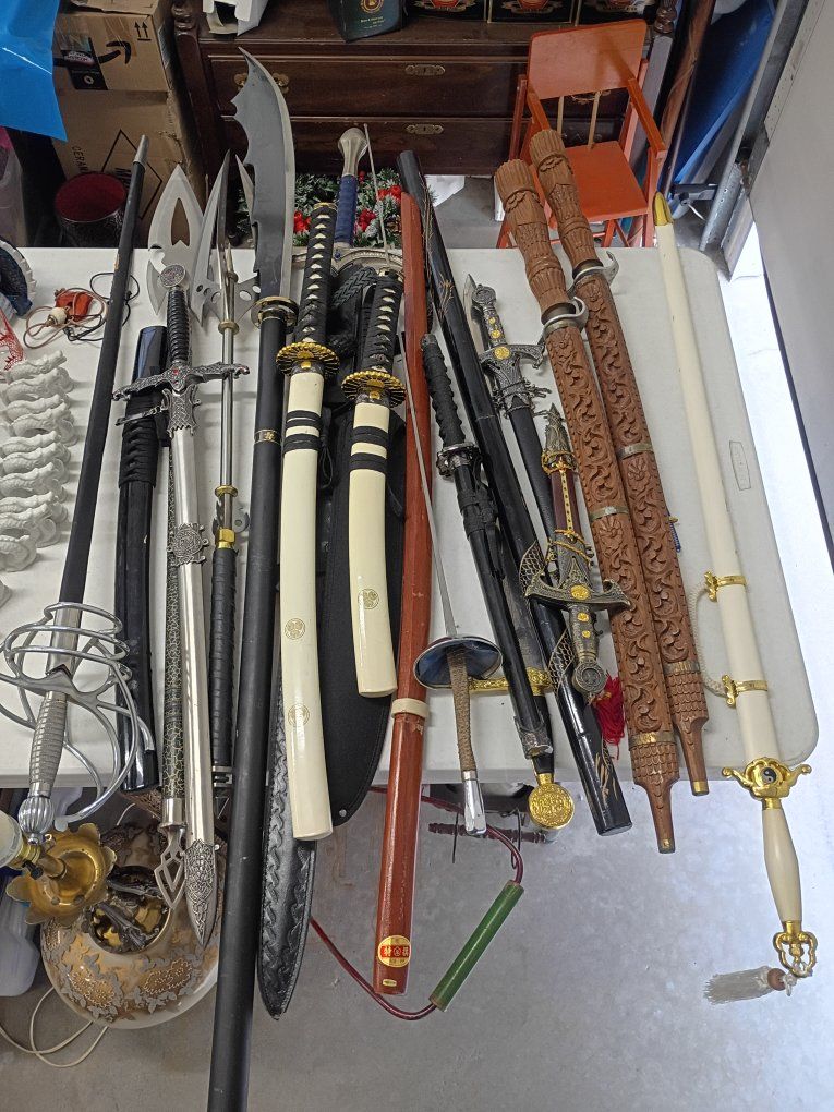 Large Collection of Decorative Swords, Katana, Spears, and Replica Weapons Lot