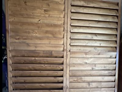 Rustic Wood Window Shutters - 2 Large Panels, Adjustable Louvers, Honey Brown Finish