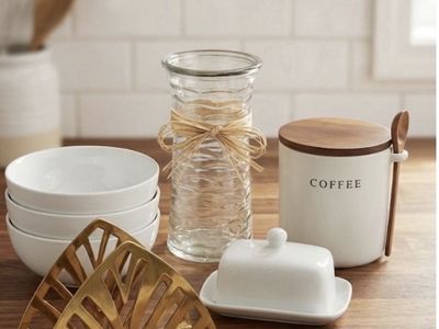 Modern Farmhouse Kitchen Decor Bundle - Coffee Canister, Butter Dish, Bowls & More