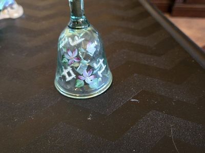 Fenton Art GlassMaterial: Hand-blown art glass bell .Color: Emerald Green with pink, white, and green