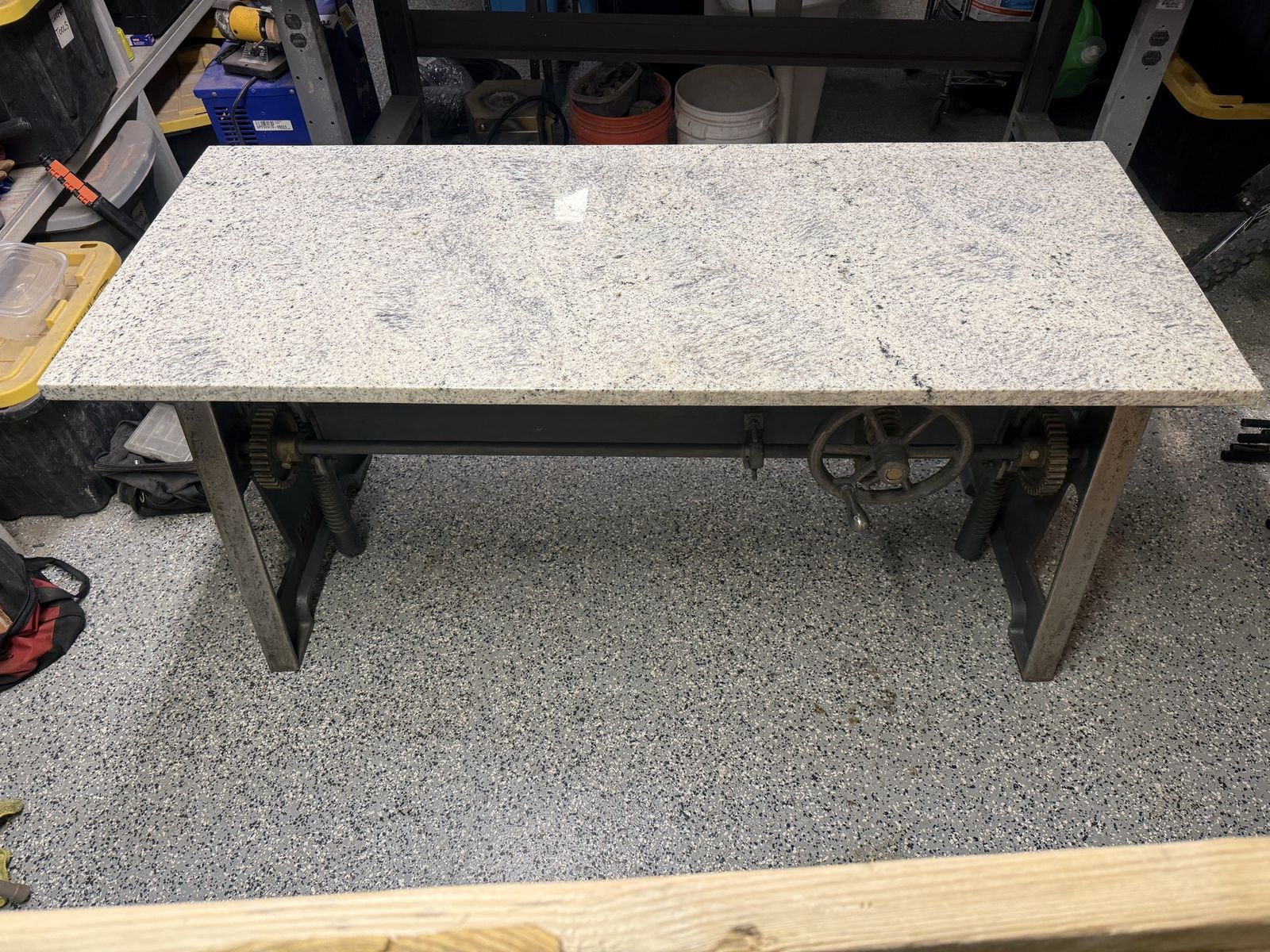 Industrial adjustable Table or Desk with granite top.