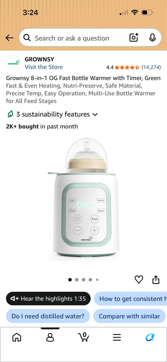 Grownsy 8-in-1 Fast Baby Bottle Warmer Model N1T Green Accent with Timer