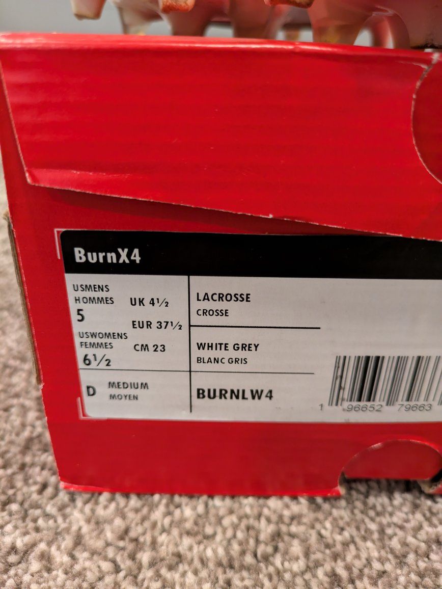 New Balance BurnX4 Lacrosse Cleats Women's 6.5/Men's 5 White Grey BURNLW4