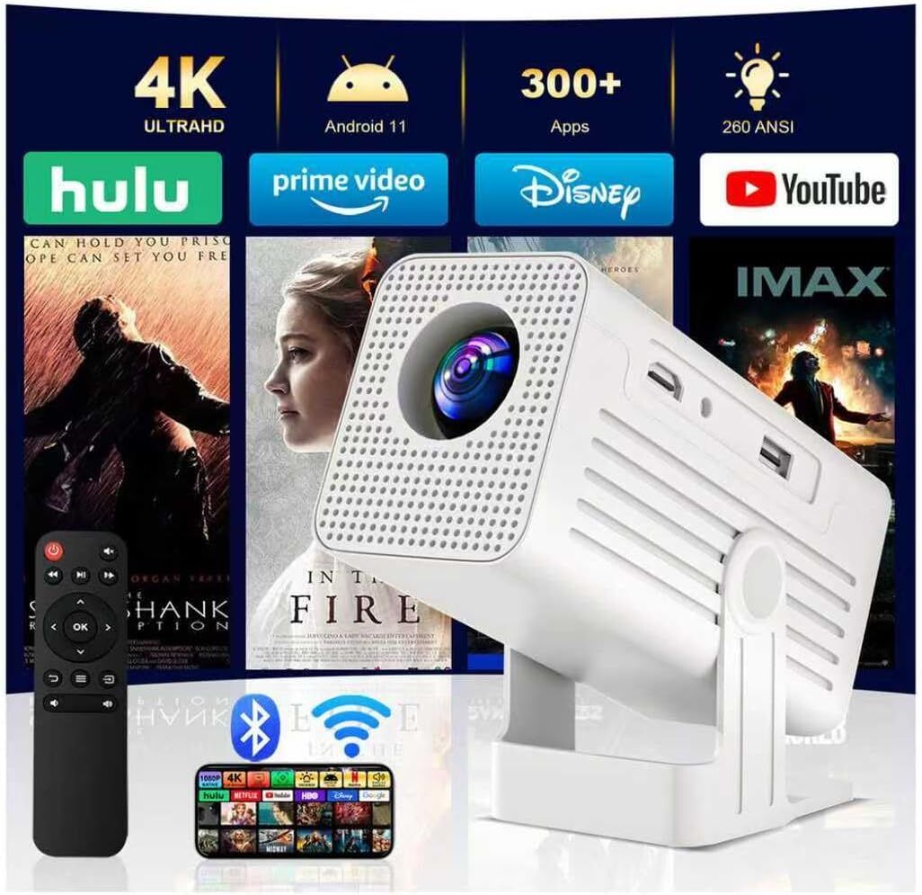 NEW 4K Supported Mini Projector with Wifi and Bluetooth, Portable Projector with Speaker, Auto Keystone