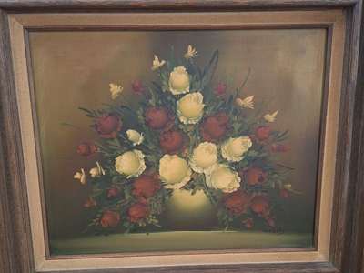 Vintage oil painting on canvas featuring red and white roses in a vase. 27" wide x 23" tall.