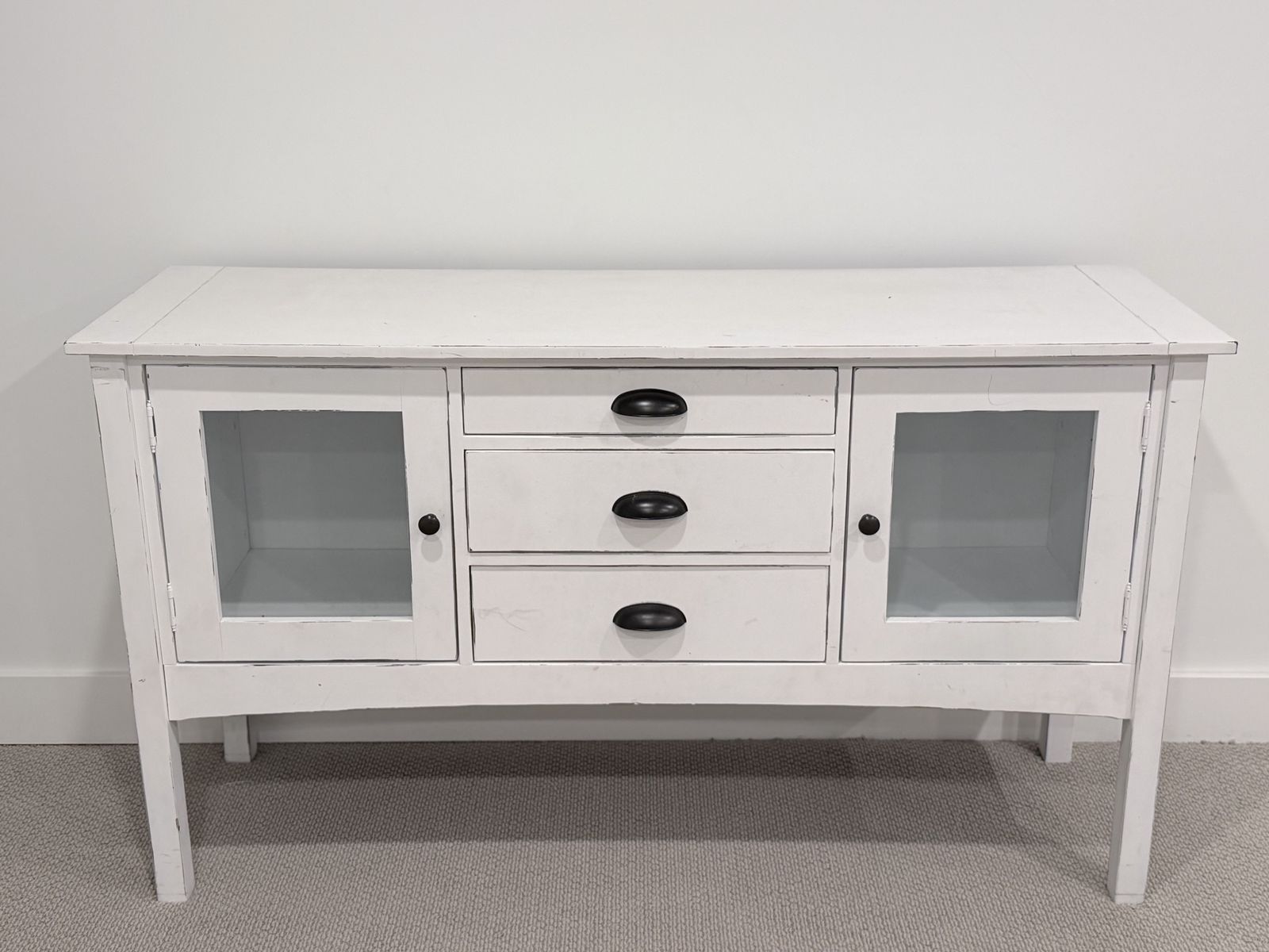 Antique White Solid Wood Console Table/Cabinet with Glass Doors & 3 Drawers