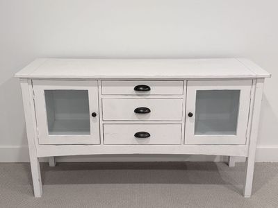Antique White Solid Wood Console Table/Cabinet with Glass Doors & 3 Drawers