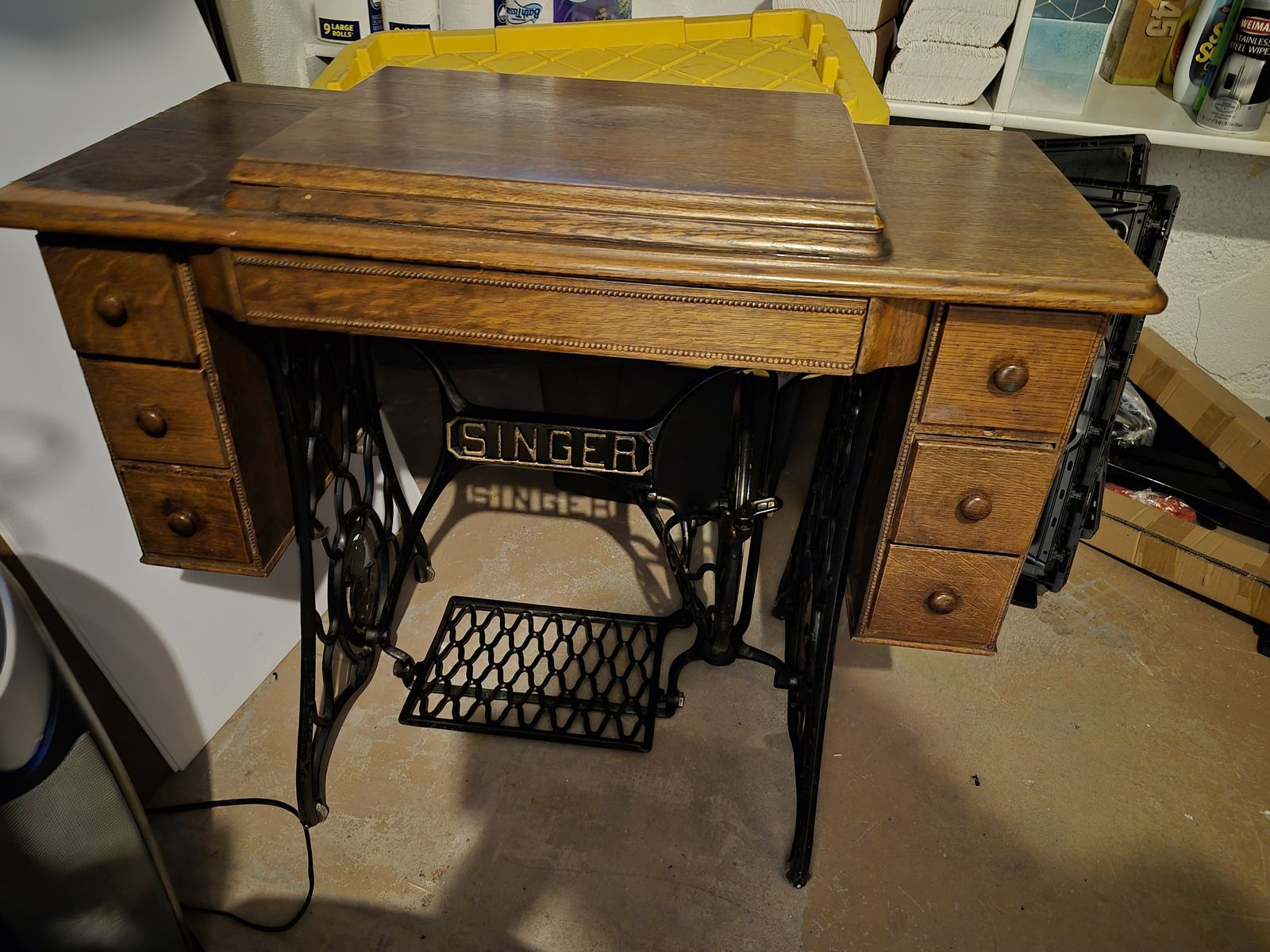 Vintage Singer Treadle Sewing Machine with Wood Cabinet & Iron Base