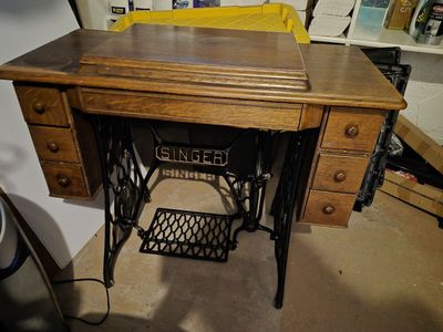 Vintage Singer Treadle Sewing Machine with Wood Cabinet & Iron Base