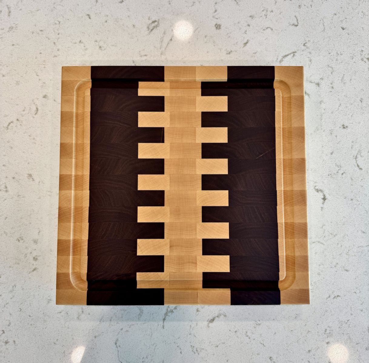 Handmade Walnut & Maple End Grain Cutting Board | Brass Feet – 12.5" × 12"
