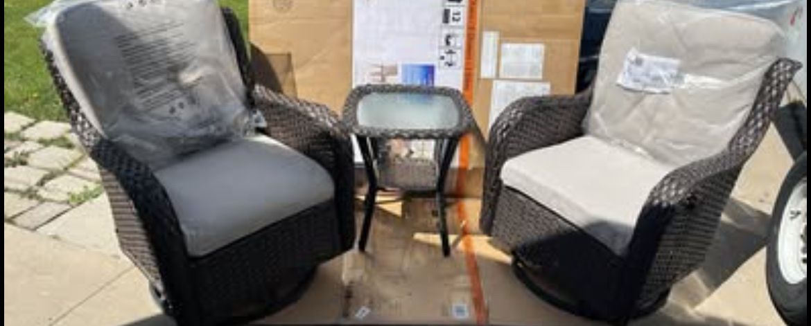 Outdoor Wicker Patio Set - 2 Swivel Rocker Chairs & Glass Top Side Table - New