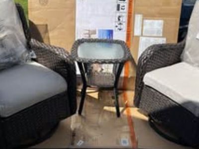 Outdoor Wicker Patio Set - 2 Swivel Rocker Chairs & Glass Top Side Table - New