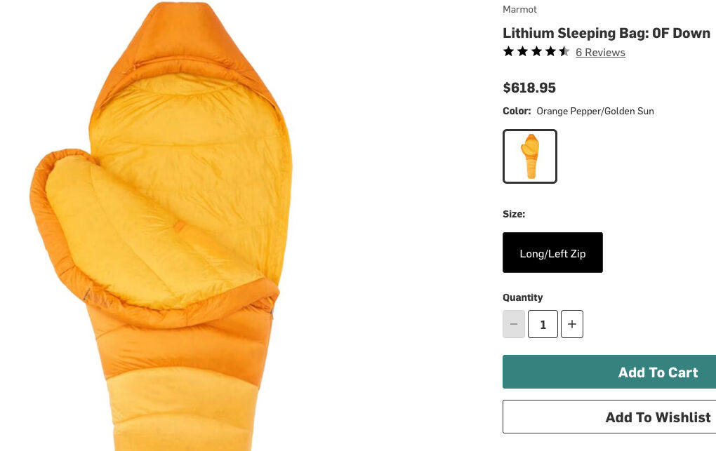 Marmot Lithium Sleeping Bag New 800+ Down Long 0 Deg F