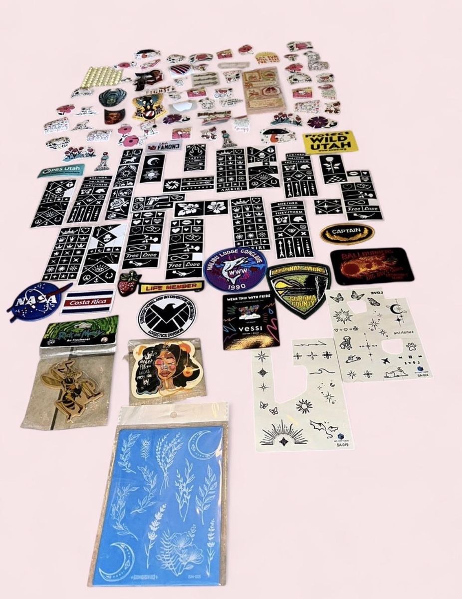 100+ Sticker Mega-Pack, 9 Patches, 3 Temp Tattoo Sheets, 2 Air Fresheners, 1 Pin