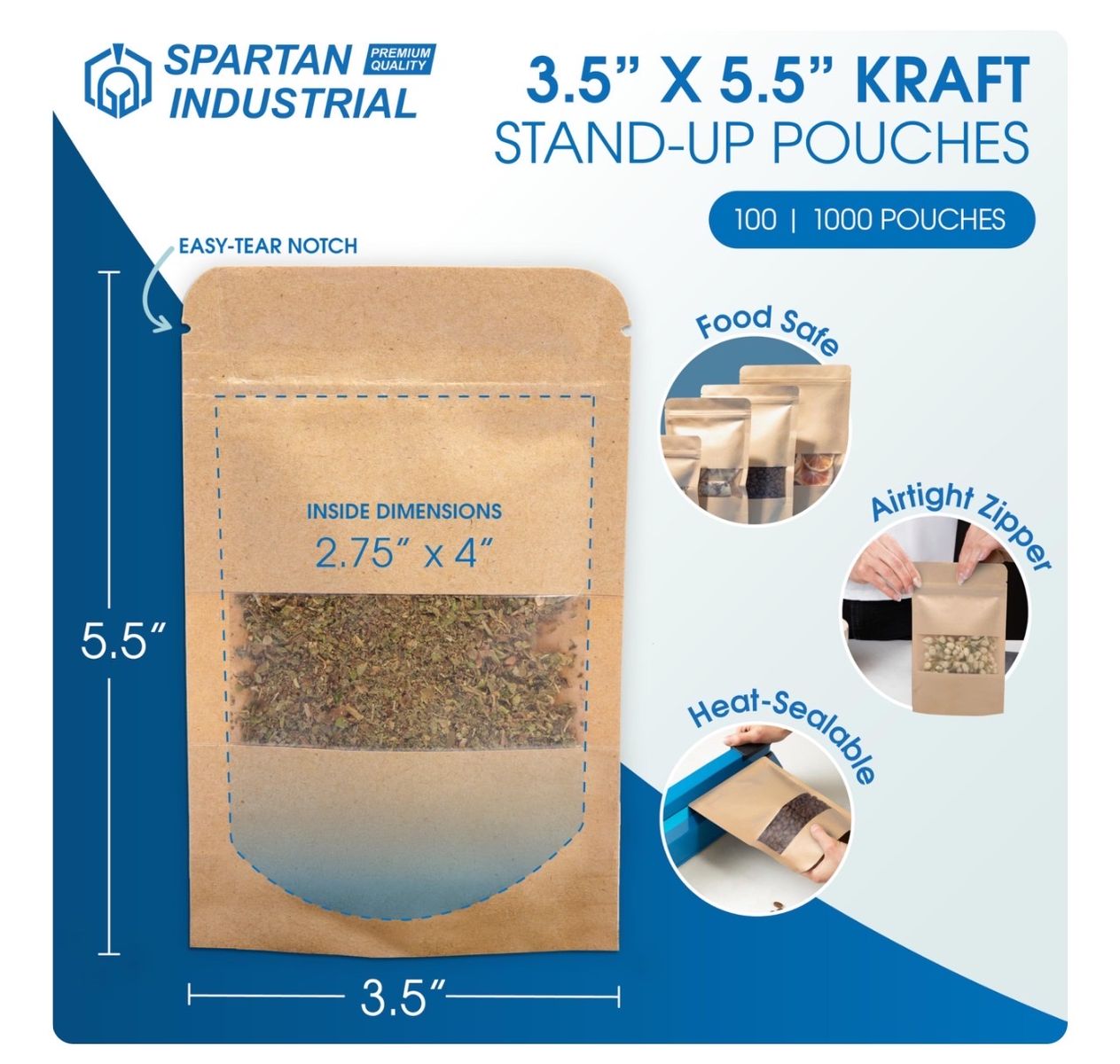Spartan Industrial 3.5"x5.5" Kraft Stand-Up Pouches 1000ct - Food Safe, Airtight Zipper, Heat-Sealable Cash Only