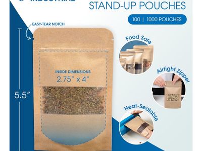 Spartan Industrial 3.5"x5.5" Kraft Stand-Up Pouches 1000ct - Food Safe, Airtight Zipper, Heat-Sealable Cash Only