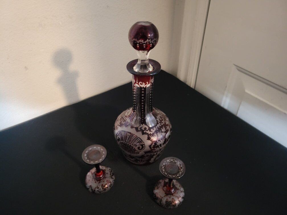 Antique Cut Red to Clear Art Glass. Bohemian Decan