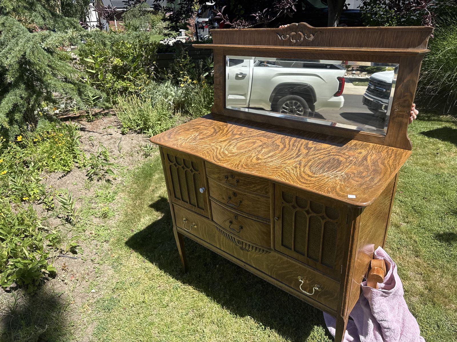 Antique Late Victorian Tiger Oak Mirrored Sideboard Buffet with Carved Details and Storage Drawers