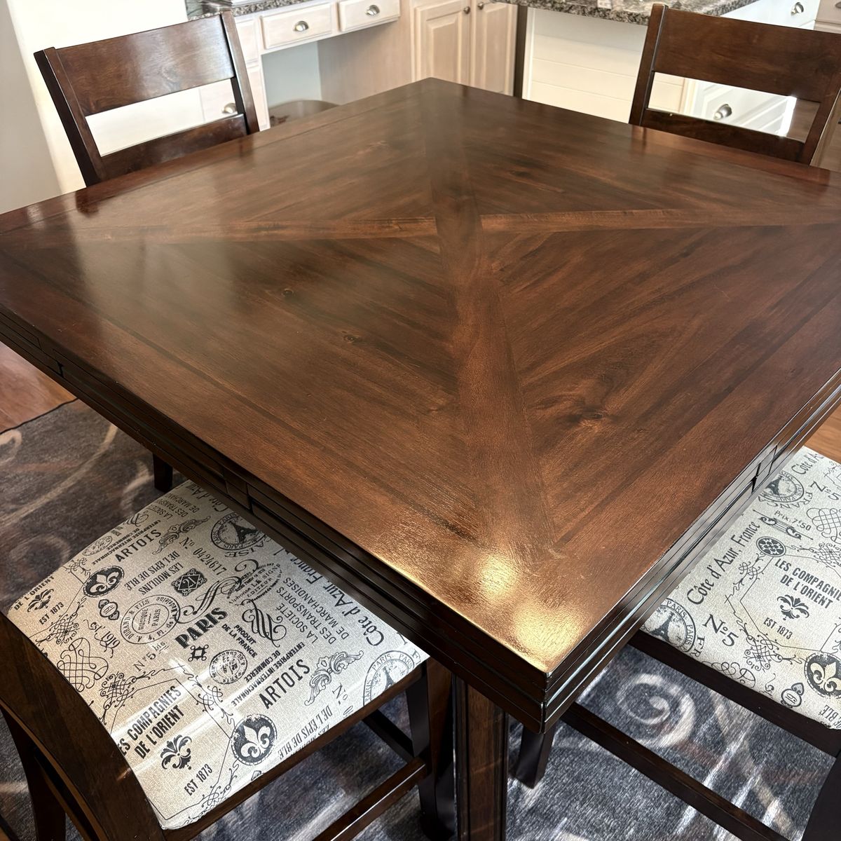 Bayside Furnishings Dark Wood Counter Height Dining Table with 60 Chairs - Expandable Square/Round