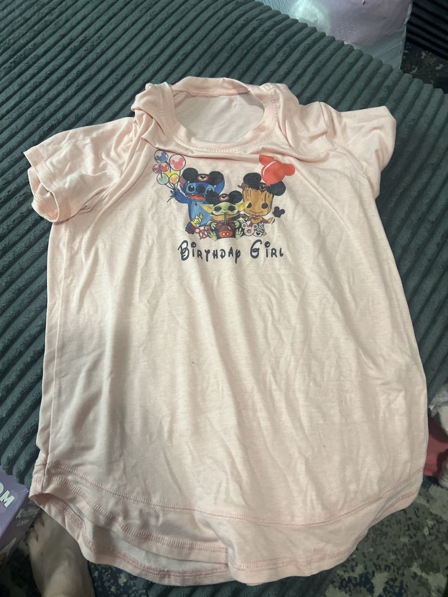 Birthday Girl Pink T-Shirt with Stitch, Grogu, and Groot Graphic (10/12)