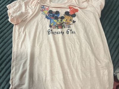 Birthday Girl Pink T-Shirt with Stitch, Grogu, and Groot Graphic (10/12)