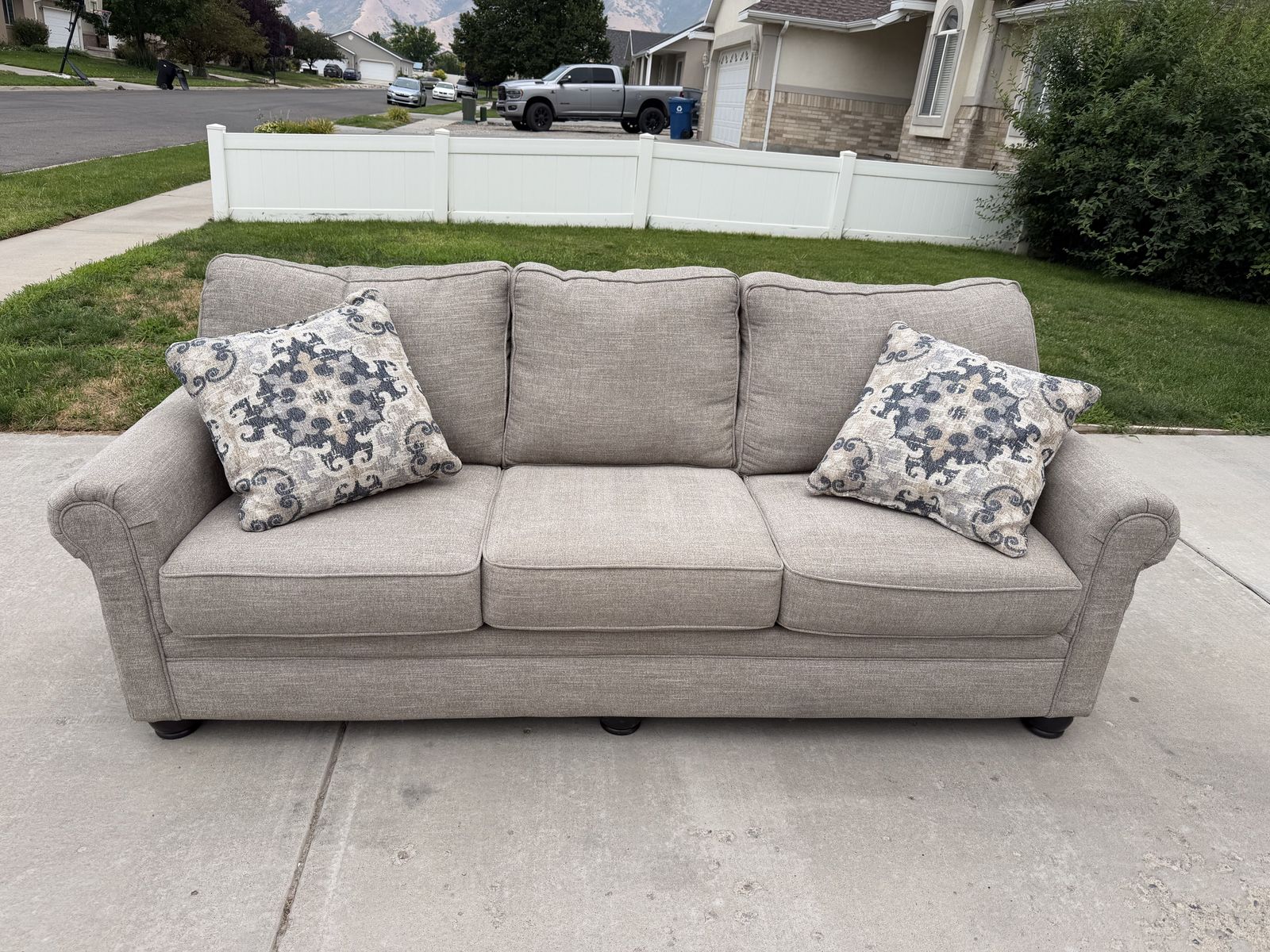 Gray, Rolled-Arm Three-Cushion Sofa