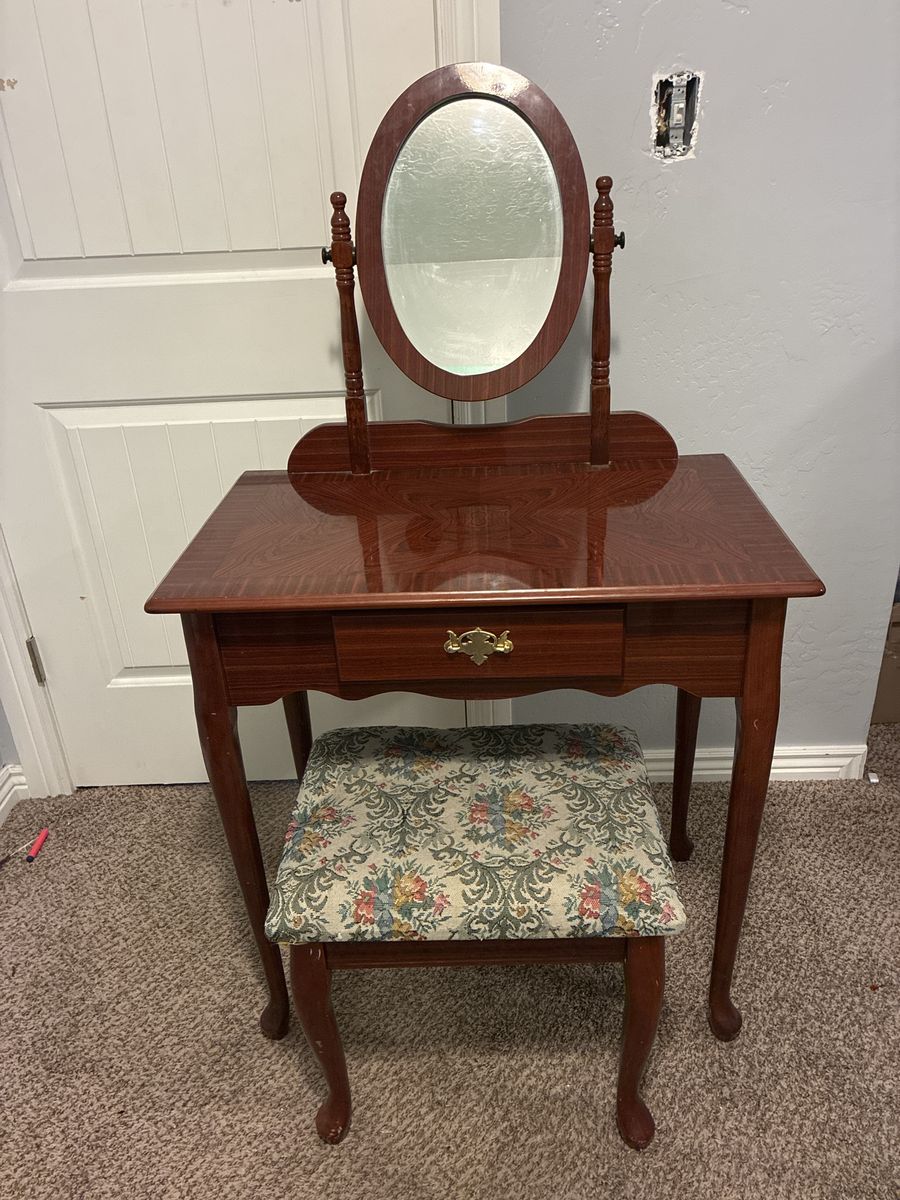 Vintage Cherry Wood Vanity Table with Oval Mirror & Floral Stool - Dressing Table w/ Drawer
