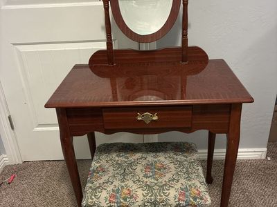 Vintage Cherry Wood Vanity Table with Oval Mirror & Floral Stool - Dressing Table w/ Drawer