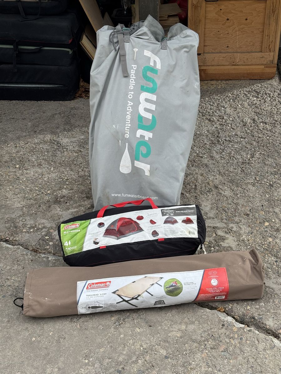 inflatable paddle board + tent + cot