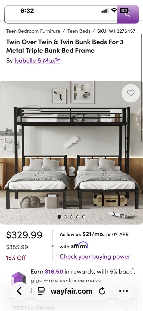 Isabelle & Max Twin Over Twin & Twin Metal Triple Bunk Bed Frame - Sleeps 3