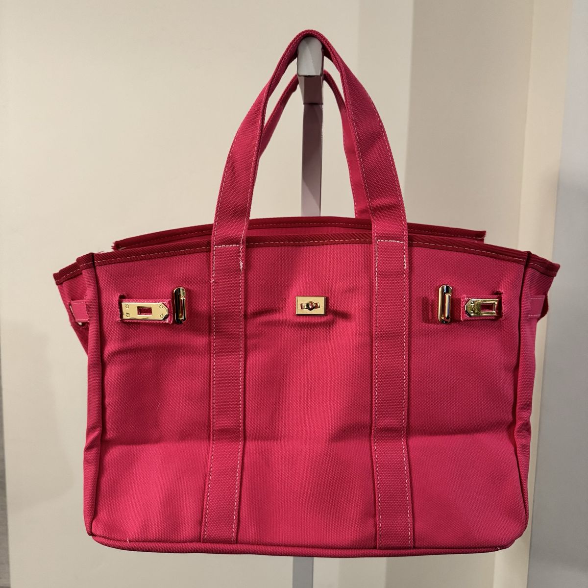 Unbranded Hot Pink Canvas Tote Bag with Gold-Tone Hardware NEW