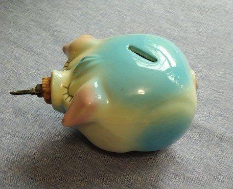 Vintage Ceramic Piggy Bank Blue Pink Cream Pig with Cork Stopper Coin Bank