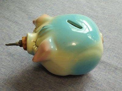 Vintage Ceramic Piggy Bank Blue Pink Cream Pig with Cork Stopper Coin Bank