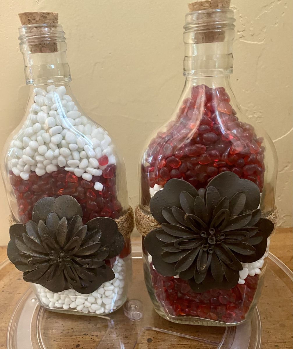 Decorative Glass Bottles with Red & White Pebbles - Rustic/Chic Decor Set of 2 - C PIX
