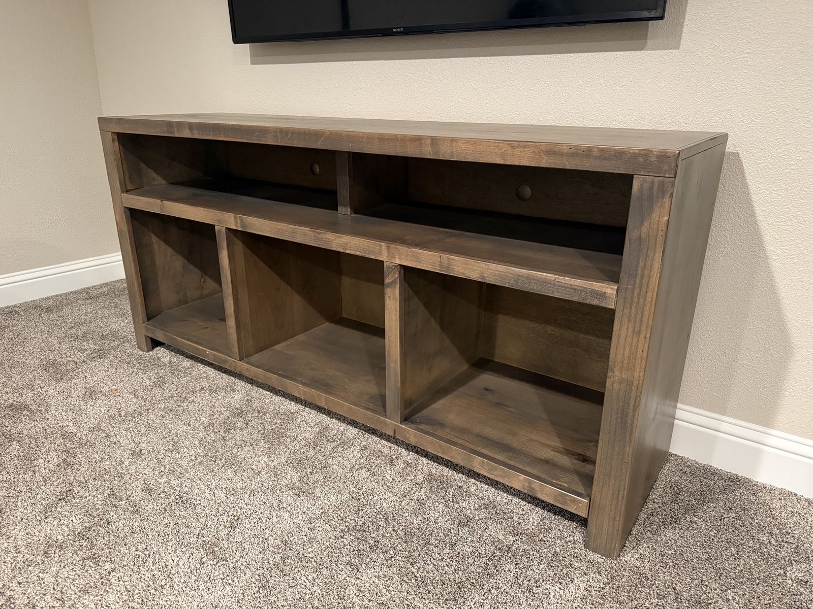 Rustic Dark Wood TV Stand Console with Open Shelving and Cable Outlets