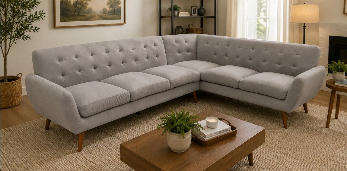 Mid-Century Style L-Shaped Sectional Couch – Neutral Gray