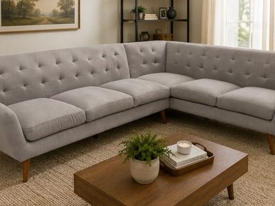 Mid-Century Style L-Shaped Sectional Couch – Neutral Gray